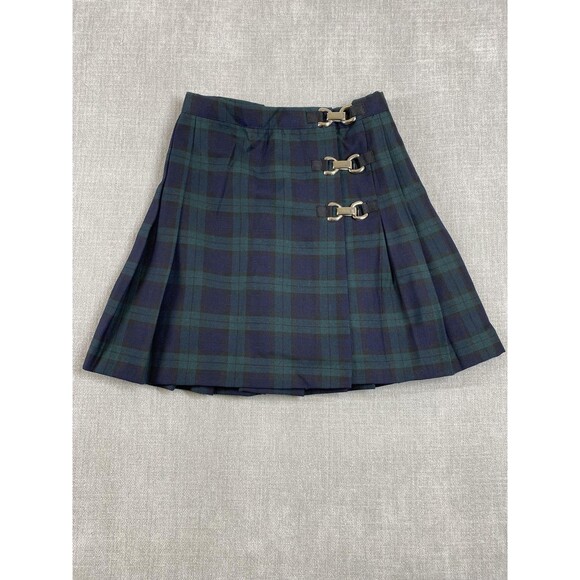 VTG Joule Plaid Skirt Womens 5/6 Green Blue Pleated USA Metal Buckle Kilt Style - Picture 1 of 10